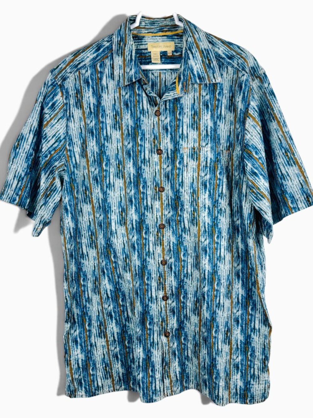 Territory Ahead Textured Crinkle Cotton Button Up Shirt Blue Orange Stripe XLT
